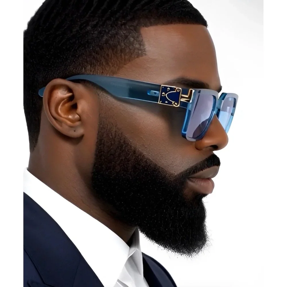 Mens‎ Square Oversized Sunglasses Translucent Blue Gold Hip Hop Flat Top Luxury